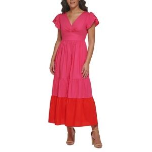 Kensie Colorblock Cotton Pink and Red Maxi Dress Size 0